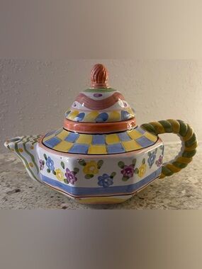 Handpainted Terracotta Teapot Checkered with twisted handle 9”x5.5”